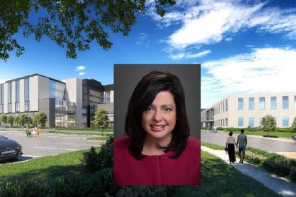 A portrait of Claire Mooney is shown over an artist’s rendering of the future Penn State Health Lancaster Medical Center.