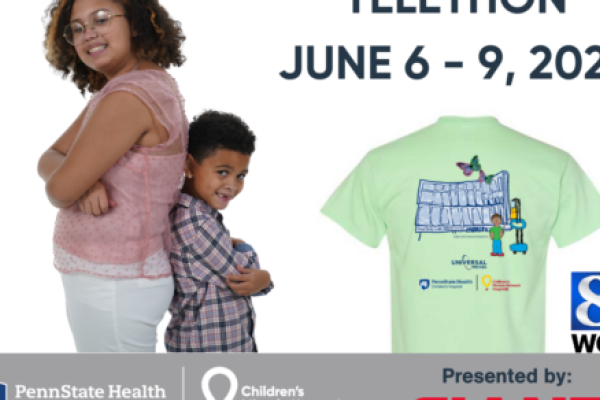 Two children - a boy and a girl - stand back to back next to text reading "TELETHON JUNE 6-9, 2022."