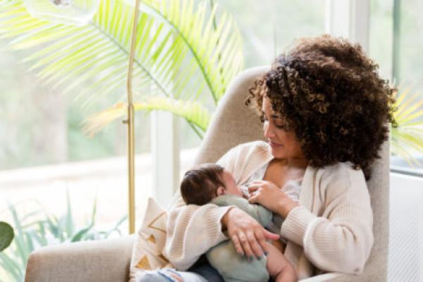 A woman sits in a chair, breastfeeding her baby. A lamp and some plants are in the background, as is a large window.