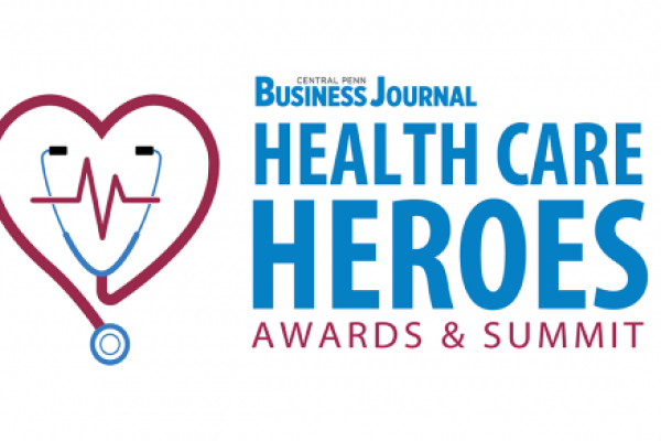Illustration of a stethoscope in the shape of a heart with an EKG line in the center. To the right it says, “Central Penn Business Journal Health Care Heroes Awards & Summit.”