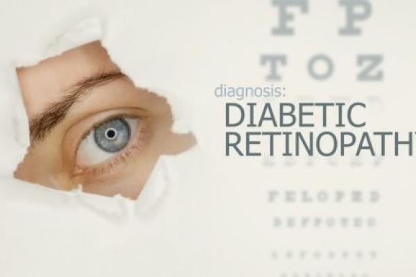 Woman’s eye looking through teared hole in paper, alongside an eye test with the words “Diabetic Retinopathy” on right.