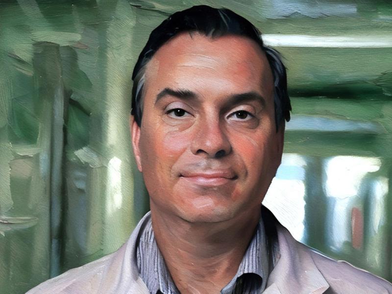 A painting depicting a man wearing a lab coat, symbolizing a scientist or researcher in a professional setting.